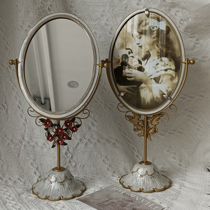 镜子化妆镜艺术小众可放相片椭圆家用梳妆台小型台面桌面北欧高脚