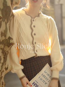 法国Rouje Slick法式波浪领杏色开衫女春款温柔复古撞色毛衣外套