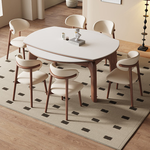 大象腿餐桌黑胡桃色法式中古实木岩板伸缩餐桌可变圆桌折叠小户型