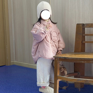 韩国童装秋冬款女童小翻领棉服夹棉加厚保暖棉衣宝宝粉色宽松外套
