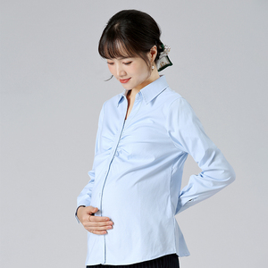 弹力棉孕妇职业衬衫白色V领蓝色修身上班工装短袖衬衣面试上衣春