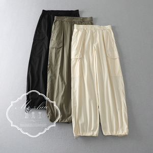 L0430-03内置系带中高腰直筒口袋工装裤纯色休闲长裤女春季K2401