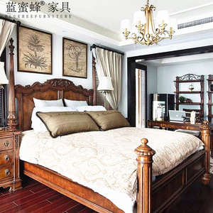 精制FINE双人床家具定制美式复古实木床高柱雕花法式床老美式床