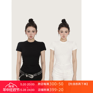 PEMPL短袖t恤女夏季新款黑白基础舒适圆领中长款修身显瘦体恤上衣