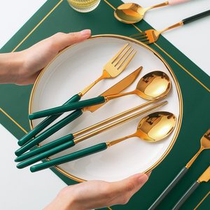 不锈钢西餐餐具金色牛排刀叉勺筷叉子勺子三两件套盘子套装ins风