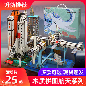 3D立体木质拼图中国航天空间站火箭飞机模型diy手工生日礼物儿童