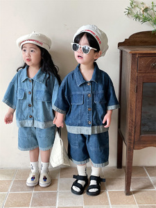 儿童夏季棉质牛仔短袖衬衫韩版男女宝宝直筒中裤五七分裤两件套装