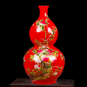 景德镇陶瓷器 中国红色福寿图葫芦落地大花瓶 客厅装饰工艺品摆件