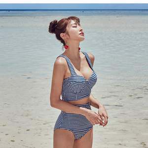 韩国新款阿沁同款复古格子钢托聚拢高腰遮肚显瘦性感分体游泳衣女