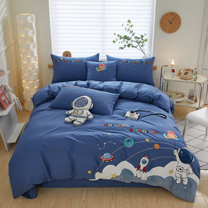 全棉床单被套儿童卡通床上用品男孩100纯棉四件套蓝色1.5床笠60支