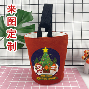 圣诞节来图定制批量短绒手拎水桶包大容量幼儿园帆布袋应援粉丝包