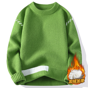 绿色圆领毛衣男秋冬季新款加厚保暖套头线衣青少年个性打底针织衫