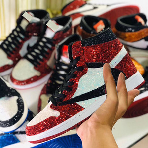 21Kcustom球鞋定制 Aj1倒钩亮片爆闪鞋 diy客制满钻红色水晶婚鞋