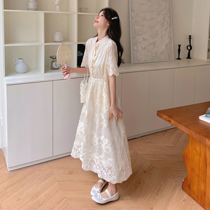 新中式国风蕾丝刺绣连衣裙女夏季2024新款高端设计感气质衬衫长裙