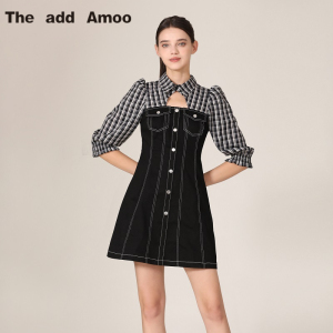 The add Amoo 024春夏纹衬衫领牛仔拼接修身收腰显瘦连衣裙33424