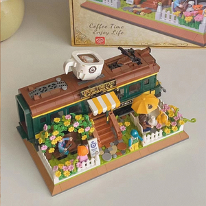 小红书同款绿皮火车咖啡屋建筑拼装积木模型男女益智玩具摆件礼物