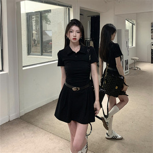 夏季黑色修身显瘦气质纯欲风Polo领连衣裙子女小众设计感a字短裙