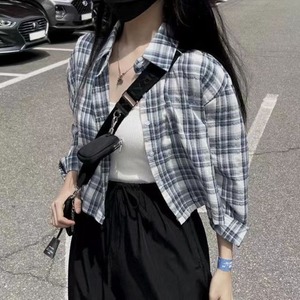 韩国chic夏季减龄复古小众格子翻领短款衬衫女宽松减龄防晒开衫