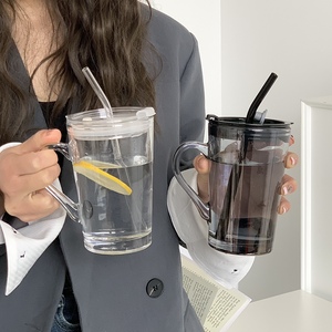 简约透明吸管玻璃水杯女生情侣客厅家用办公室杯子喝水设计感男生