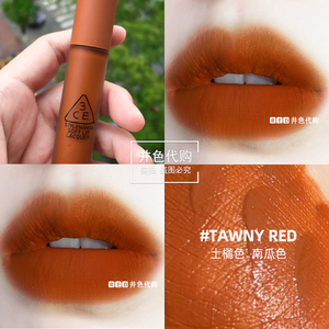 3ce水唇釉丝绒雾面哑光南瓜色口红 土脏橘色黄皮显白/tawny red