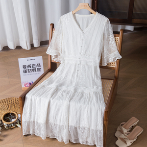 茶歇法式连衣裙夏季冰雪桑蚕丝刺绣收腰白色显瘦长裙短袖裙子8819