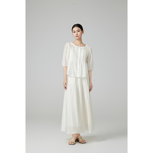 所甜 白色飘逸短袖上衣裙子两件套女夏季薄款透气高级感套装