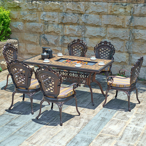 户外烧烤桌椅组合铸铝庭院花园别墅室外休闲瓷砖茶台家用电烤长桌