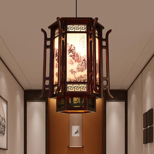 中式实木六角宫灯古典中国风阳台灯笼吊灯走廊过道装饰羊皮灯笼灯