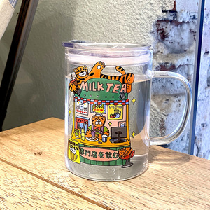 黄金大劈叉胖虎milktea奶茶店玻璃杯原创复古卡通带盖吸管把手杯