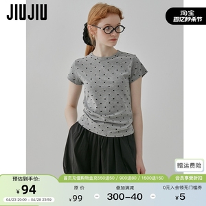 JIUJIU美式复古波点短袖T恤女2024季新款设计感正肩修身短款上衣
