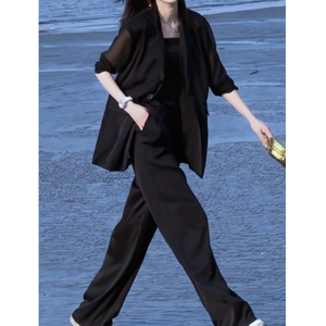 休闲黑色西装外套女夏季韩版薄款雪纺小西服后开叉宽松垂感防晒衣