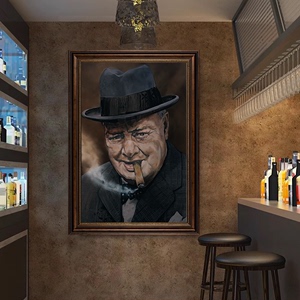温斯顿丘吉尔装饰画雪茄俱乐部复古酒吧挂画名人黑白海报烟行壁画