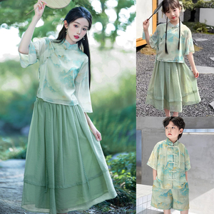 幼儿园六一表演服走秀新中式中国风亲子装一家三口母子装汉服夏季