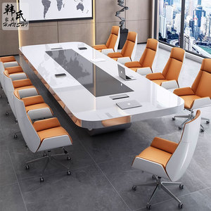 白色烤漆会议桌大小型条形长桌时尚简约现代洽谈桌会议室桌椅组合