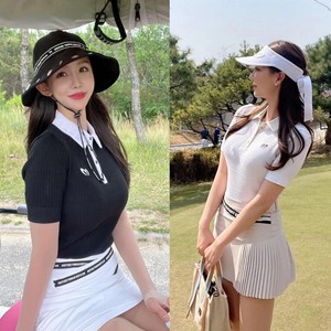 原单韩国兔子高尔夫女装白色小百褶短裙修身中袖时尚休闲针织上衣
