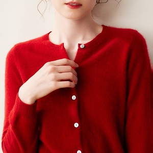 鄂尔多斯产新年红色羊绒开衫女圆领山羊绒毛衣宽松针织衫外套
