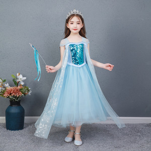 Frozen冰雪奇缘2艾莎公主裙夏季无袖女童演出服纯棉蓝色披风长裙6