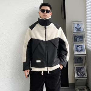 2022年冬装新款男士羊羔毛棉衣外套美式潮流加厚保暖拼接棉袄韩版