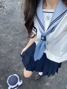 日系水蓝色JK学院风短袖水手服夏季日系刺绣中间服jk制服套装