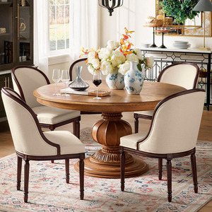 法式实木圆形餐桌家用可伸缩白橡木圆型桌子复古北欧设计师大圆桌