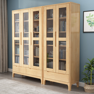 北欧实木书柜简约现代书房家具橡木置物柜客厅带玻璃三门展示柜子