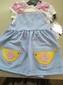 欧洲订单刚出厂2件0-2岁小婴童蝴蝶结小鸡刺绣泡泡棉吊带裙