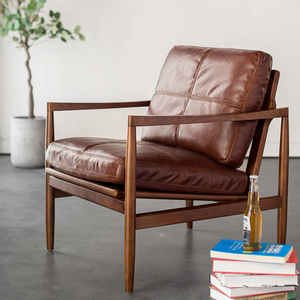 单人沙发椅北欧现代阅读椅实木真皮书房复古汉克椅子设计师休闲椅