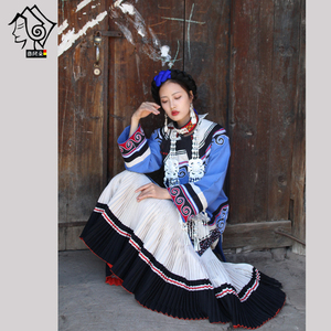 凉山彝族服装女套装蓝色手工棉麻传统复古民族风摄影视剧服装汉服