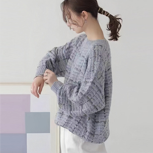 日本女装彩色格子针织衫2024春季保暖宽松粗毛线甜美毛衣外套625