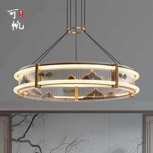 新中式全铜吊灯客厅灯中国风大气餐厅卧室圆形创意迎客松大厅灯具