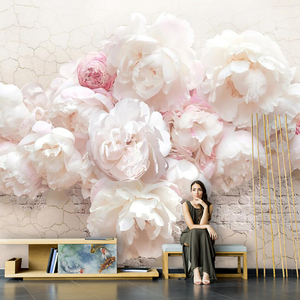 美式粉色手绘花朵壁画卧室电视背景墙壁纸3D直播间美容院网红墙布