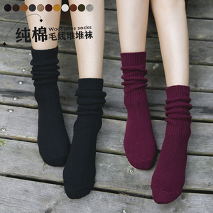 堆堆袜女秋冬纯棉加厚保暖外穿长筒袜日系复古毛线短靴黑色中筒袜