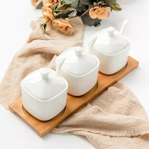 纯白骨瓷调味盒带盖陶瓷创意厨房家用盐罐佐料盒调料罐3只装