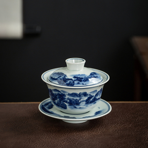仿古三才盖碗茶杯功夫茶具单个大号泡茶碗家用青花山水陶瓷不烫手